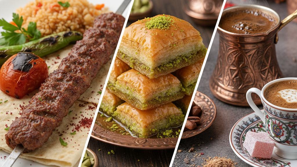 Kebap, baklava ve Türk kahvesi kolajı