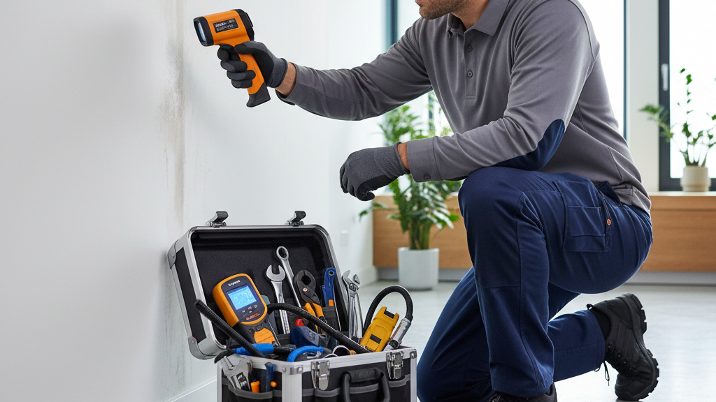 Ekipman çantasıyla çalışan profesyonel bir tesisatçı