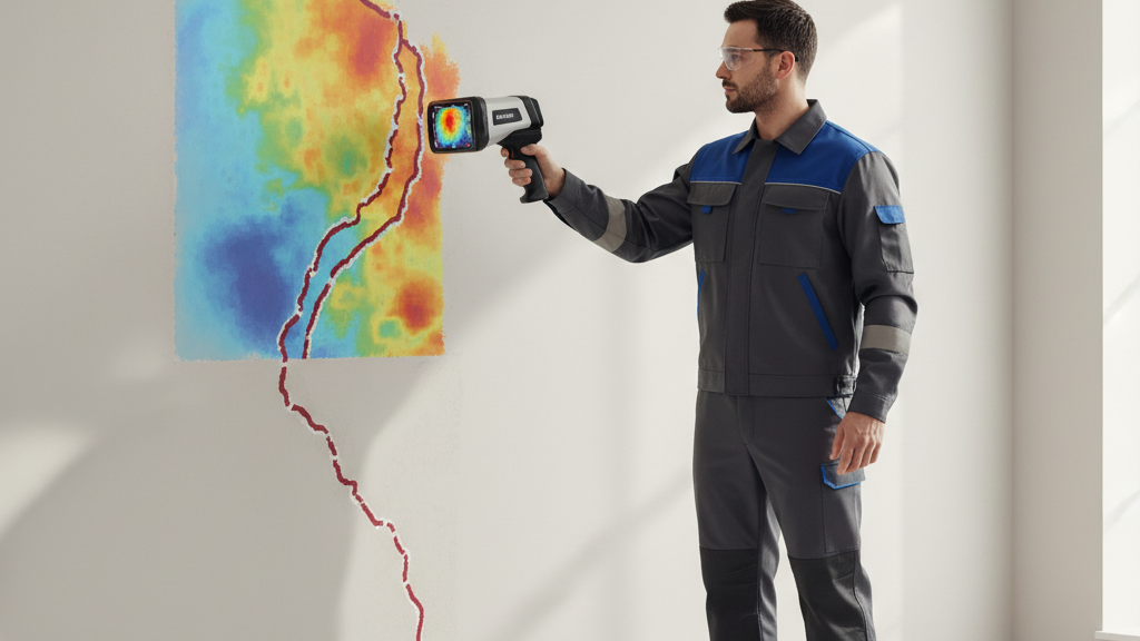 Termal kamera ile duvarı inceleyen bir teknisyen